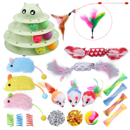 24 PCS Cat Toys, 3-Level Turntable Kitten Toys Set, Interactive Cat Roller Toys for Indoor Cats, Catnip Toys, Cat Teaser Toys, Mice Toys, Spring Toys, Various Ball Toys for Kitty Interactive Chirping